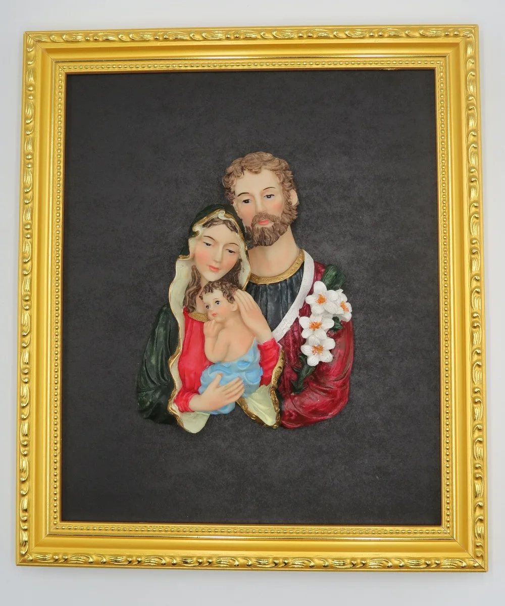 

Wall Art Decoration Holy Family Resin Statue Religious Figurine Gold leaf Frame Ready to Hang 10*12 inches