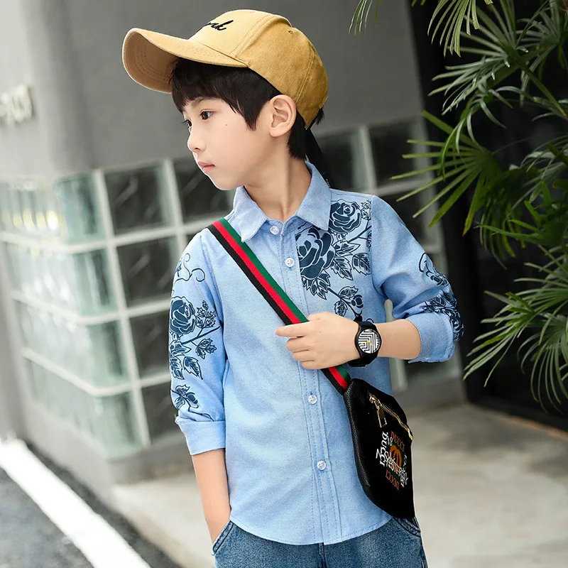 Рубашка в полоску с отворотами для мальчиков коллекция года, Корейская версия весенне-осеннего нового детского кардигана - Цвет: Single flower blue