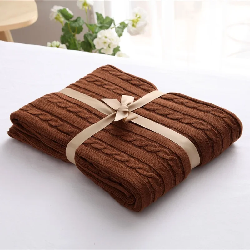 cheap High quality 100% cotton knit blanket knit throw for sofa, bed, home brown color