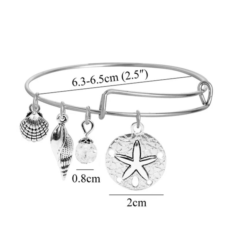 4 Star Fish Silver charms /& Ocean Colored Bead Charms Expandable Bangle Bracelet