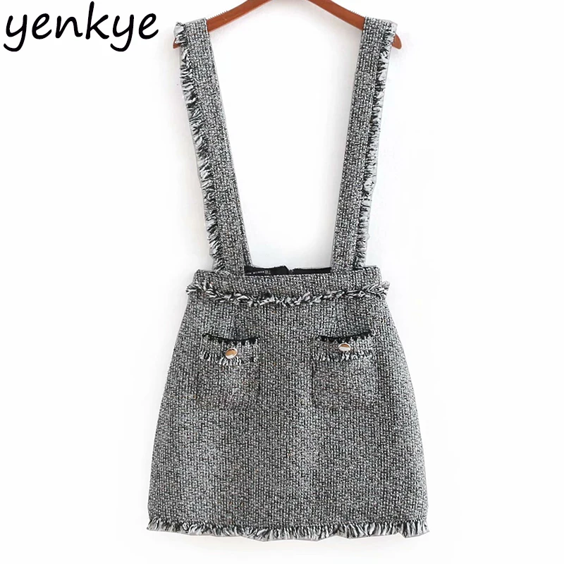 

Autumn Women Frayed Edges Vintage Tweed Suspenders Mini Dress BBWM8422