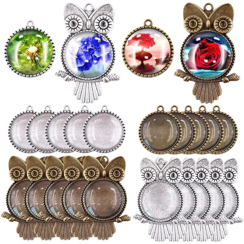 

48 Pcs Owl Pendant Base Bottom Support with Glass Time Gemstone Transparent Dome Pendants Craft Jewelry Making Accessories