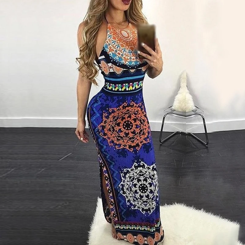 

Women ethnic dress Clothing Summer Sexy Slim Halterneck Backless beach holiday hole fit split long maxi Boho Printed Dress Party
