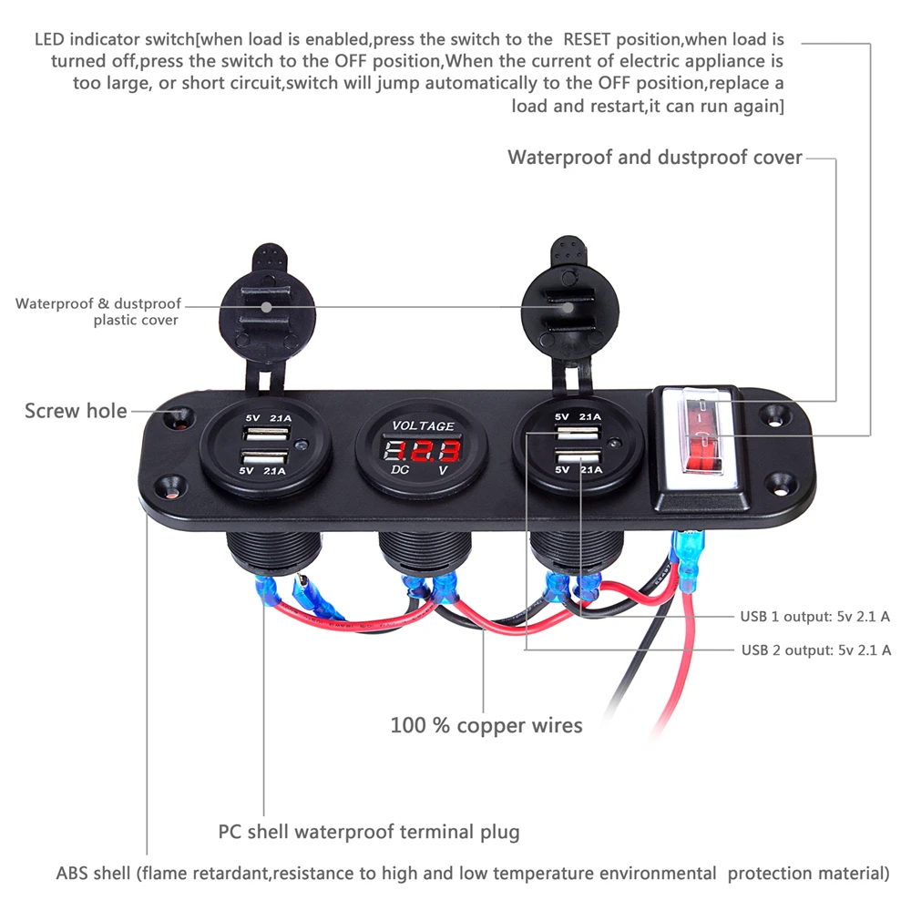 Двойной USB разъем зарядное устройство 5 В 2.1A+ светодиодный Voltmete+ ON-OFF тумблер 4 в 1 для лодки автомобиля морской грузовик Camper транспортных средств