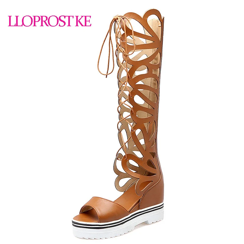 

LLOPROST KE Vogue Gladiator Sandals Knee High Boots Sandals Women Cut-outs Increased High Heel Woman Platform Shoes dxj2149