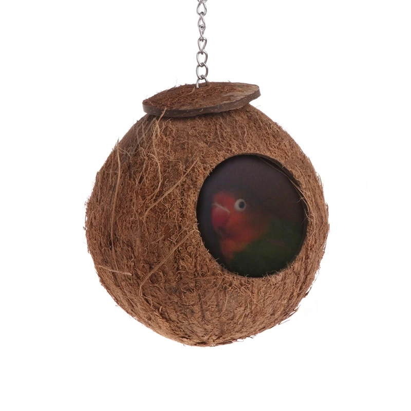 Bird Parrot Finch Nest Natural Coconut Shell Hanging Chain Cage Toys