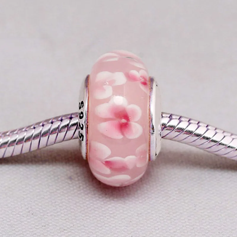 New 925 Sterling Silver Bead Charm Pink Peach Blossom Flower Lampwork