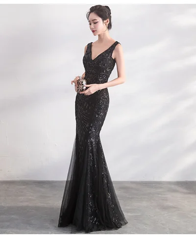 С блестками, вечерние платья, украшенные бисером Русалка длинное торжественное платье для выпускного вечера вечерние платье с v-образным вырезом, сексуальное длинное вечернее платье стиль Robe De Soriee - Цвет: black