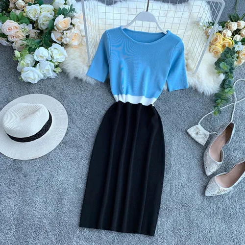 light blue Винтажные тонкие вязаные платья в стиле пэчворк, летние короткие платья мини, вечерние женские платья с высокой талией, Vestido de festa Jurkjes Vestidos - Цвет: light blue