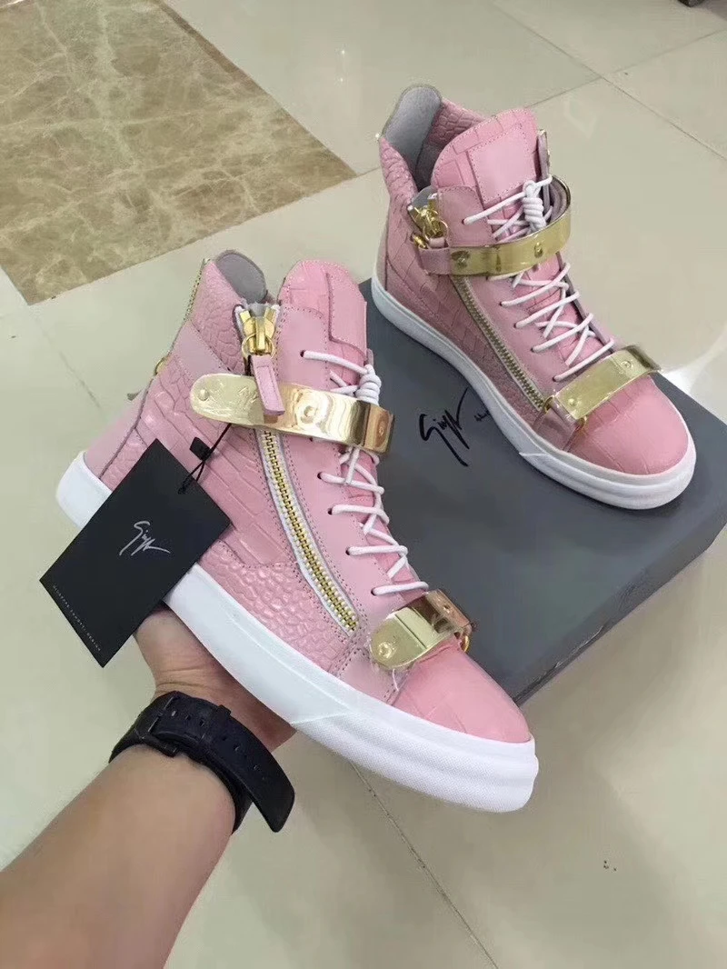 

Authentic Giuseppe x zanotti design Pink/Gold Buckle Crocodile Skin GZ Hight Sneakers Women Casual Shoes Lady Loafers Trainers