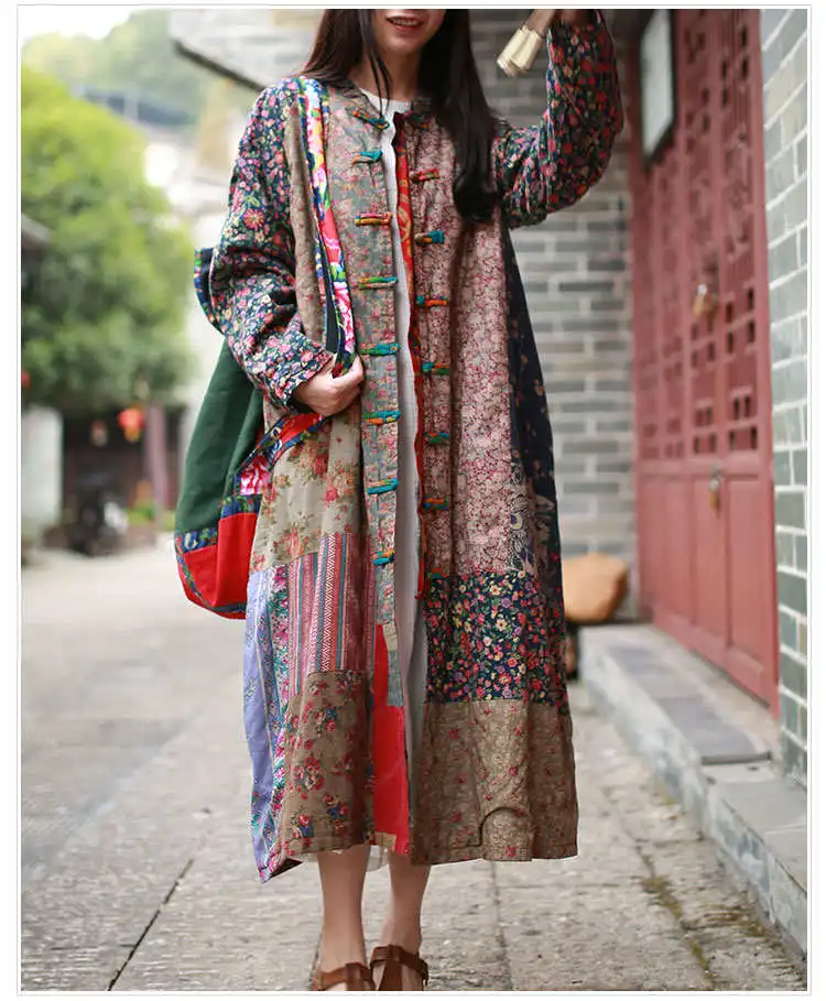 LZJN весеннее пальто одно нагрудное пальто для женщин традиционное китайское пальто Длинная ветровка Лоскутная Верхняя одежда - Цвет: vintage