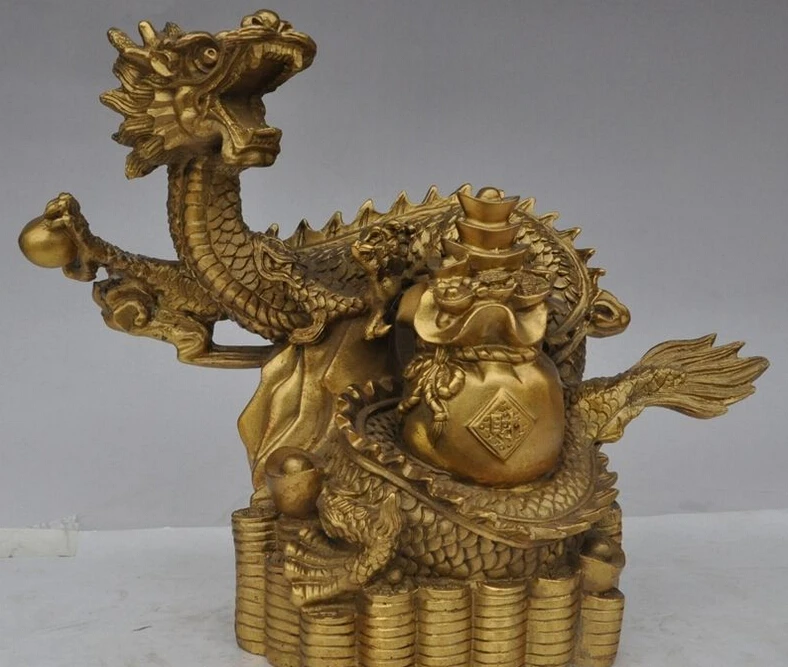 

12" chinese brass fengshui animal dragon wealth yuanbao money bag coin statue