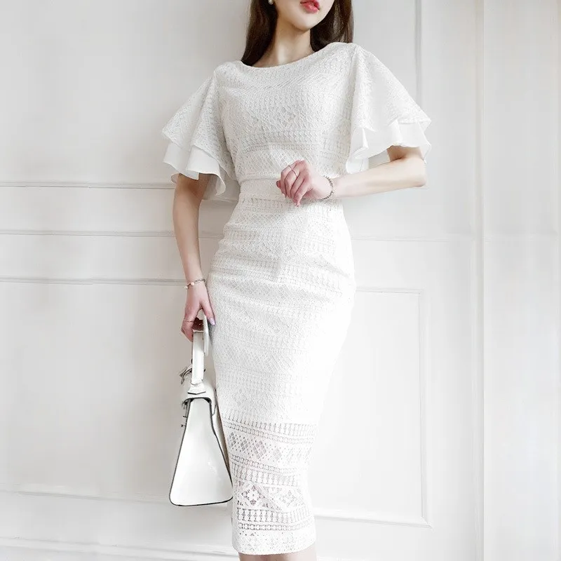 

Women Flare Sleeve Knee Length Pencil Dress Office Ladies O Neck Bodycon Dress Summer Minimalist Solid Lace Dress