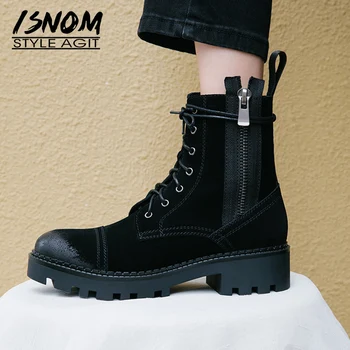 

ISNOM Military Ankle Boots Women Zip Army Booties Woman Thick Heels Shoes Female Motorcycle Leather Shoes Ladies Autumn 2019