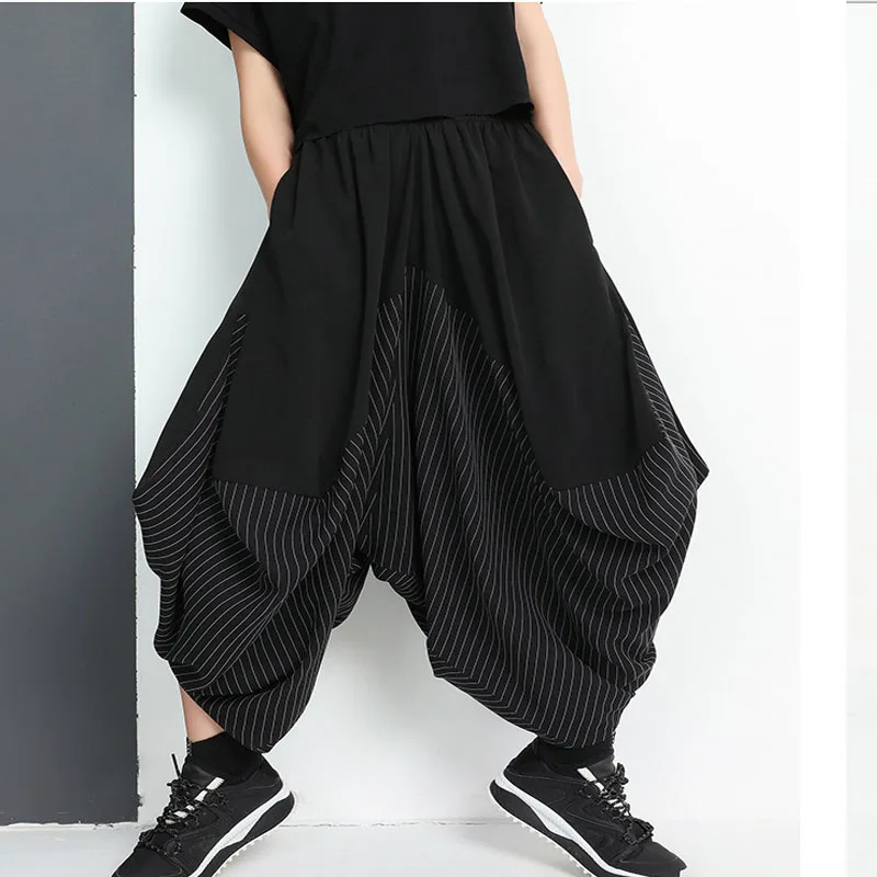 Plus Size Women Unbalance Stripe Patchwork Baggy Harem Wide Leg Pants ...