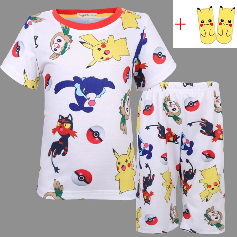 Розничная, новая детская одежда повседневные хлопковые комплекты с покемонами для мальчиков и девочек одежда для малышей детский топ с рисунком+ штаны с носками, пижамный комплект