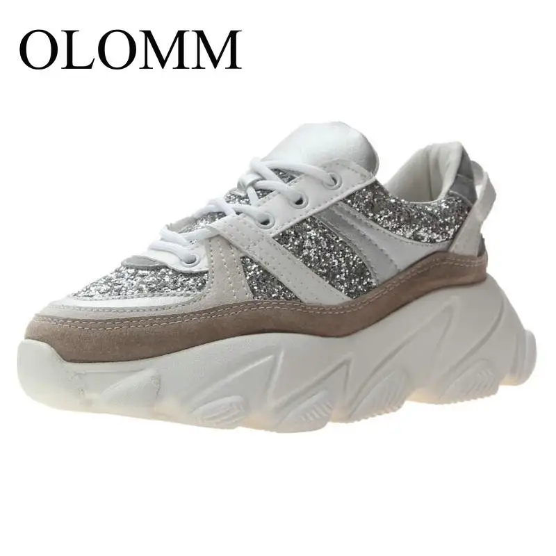OLOMM/ женские кроссовки на толстой танкетке с пайетками, женская обувь, повседневная спортивная обувь на платформе, модные кроссовки, TD-166