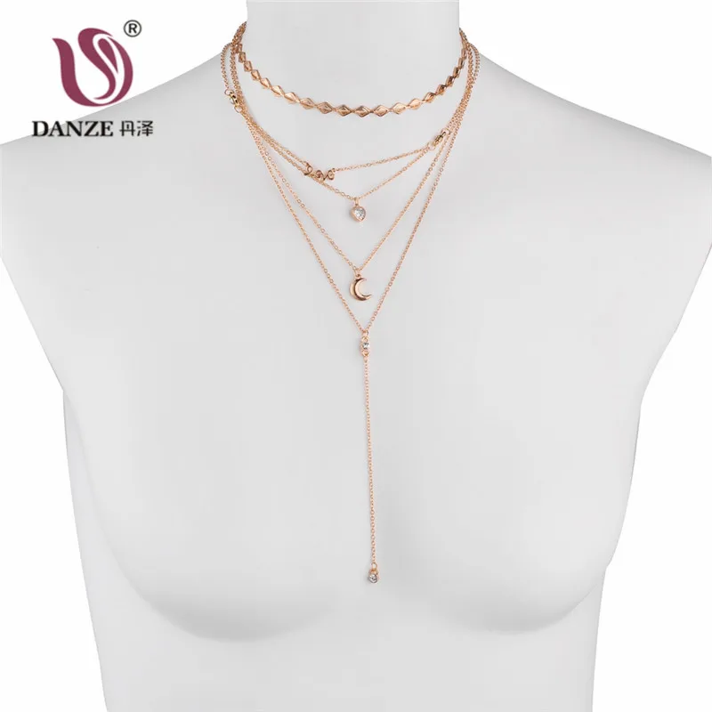 Женское многослойное колье чокер DANZE Charm Love Moon Heart из горного хрусталя простая