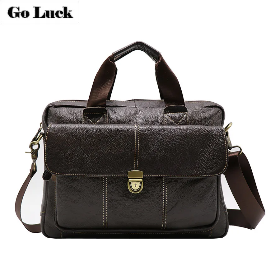 جلد طبيعي الأعمال 14' الكمبيوتر حقيبة محفظة الأعلى مقبض يد الرجال الكتف Crossbody أكياس الرجال حقيبة ساعي
