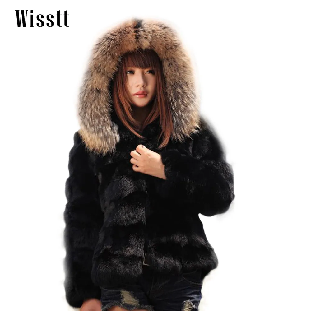 Wisstt Plush Hooded Coat  Winter  Rex Rabbit Fur Coat Women Loose Casual Front Pocket Thick Warm Jacket Outwear Female
