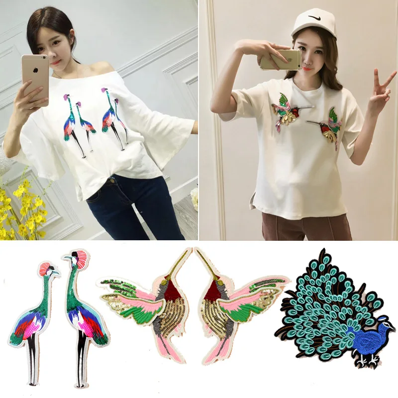 Fashion chinese style Embroidery Birds paillette cloth stickers clothes