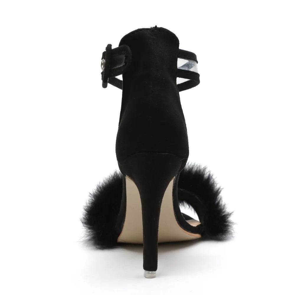 Women Pumps Snake Black High Thin Heels Ankle Strap Platform Faux Fluffy Rabbit Fur Woman Sandal Party Wedding Lady Shoes 1118W