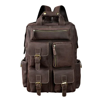

Crazy Horse Leather Retro Men's Large-Capacity 14-Inch Backpack Button Chain Multi Compartment Shoulder Bag