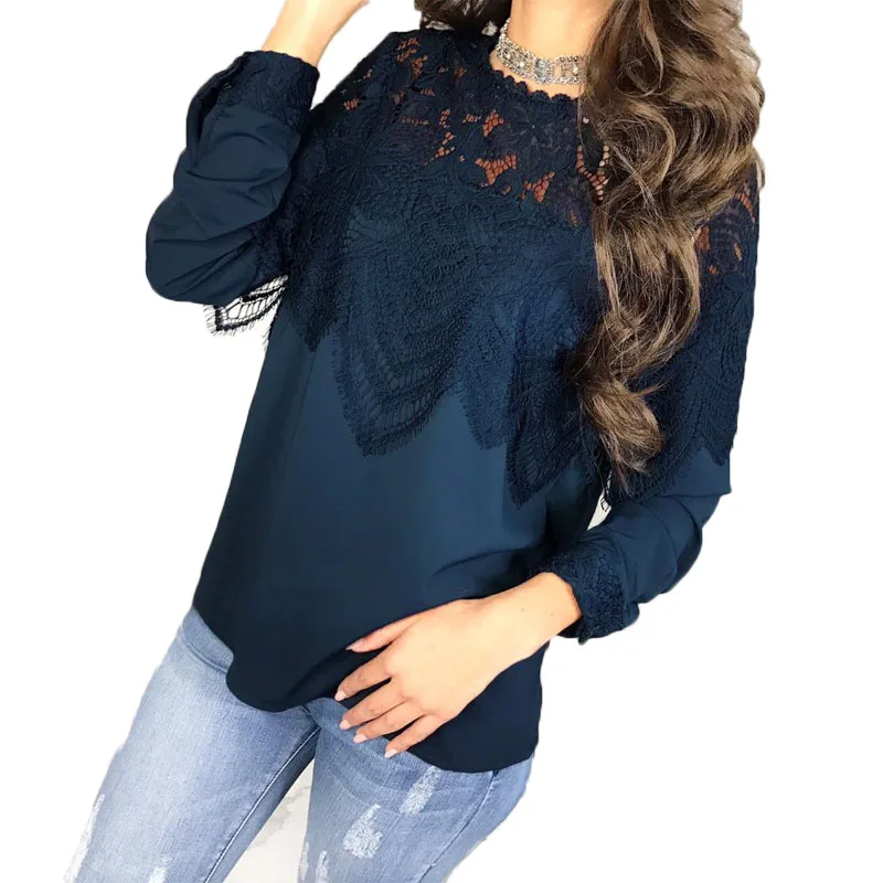 Blue Lace Insert Round Neck Long Sleeves Blouses