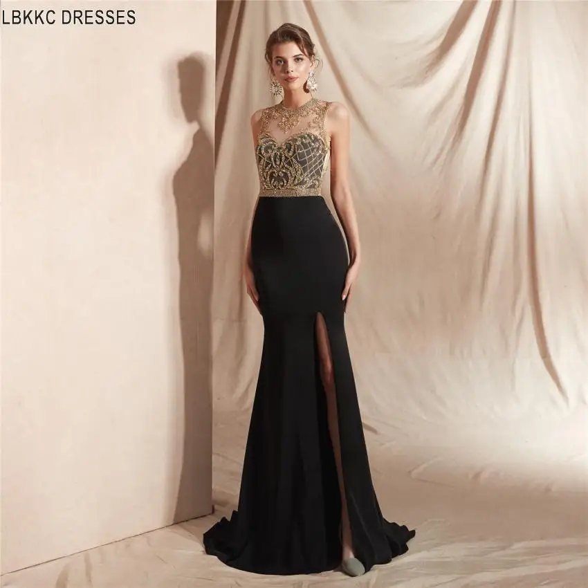 

Luxury Black Evening Dresses Long Mermaid 2019 New Gold Beaded Crystal Formal Prom Gowns Formal Dress Women Elegant High Split