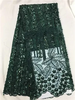 

Green lace sequin fabric 2018 latest nigerian french net lace with bead for wedding evening dress high quality 5 yard