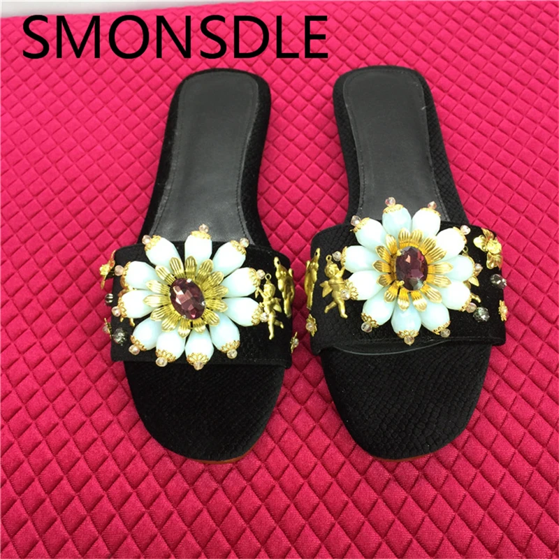 Fashion Summer Flock Crystal Flower Slippers Women Metal Handmade Flat with Shoes Woman Outside 