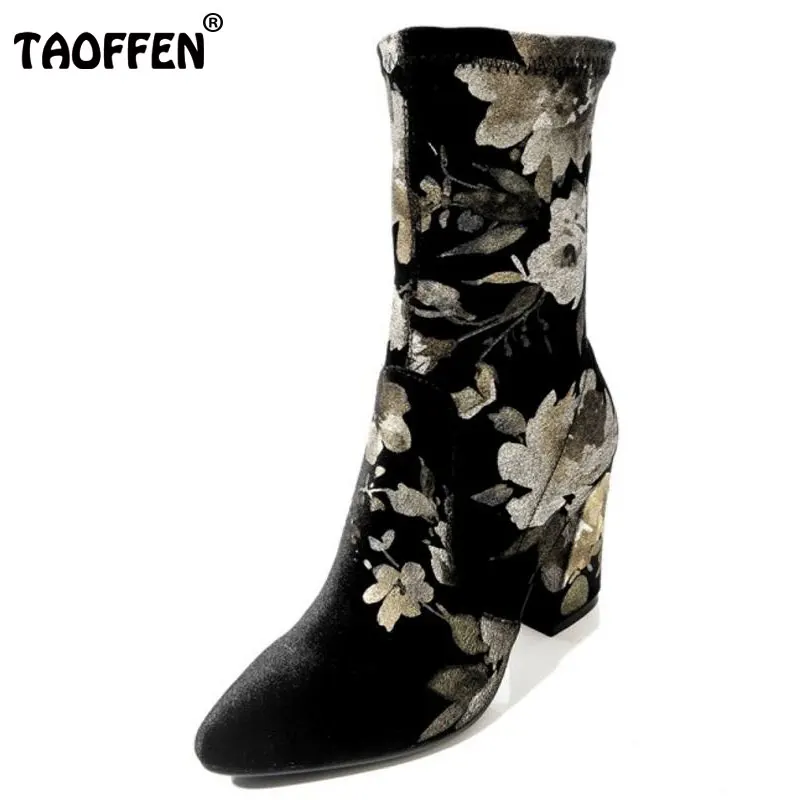

TAOFFEN Women Real Leather High Heel Boots Flower Half Short Boots Warm Shoes Autumn Thick Heel Botas Women Footweas Size 34-40