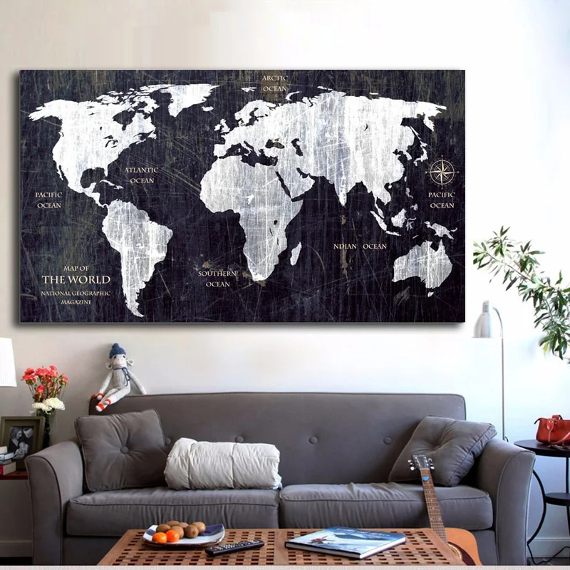 

RELIABLI ART World Map Black and White Classic Style Canvas Painting Wall Pictures Abstract Art Modern Decoration Frameless