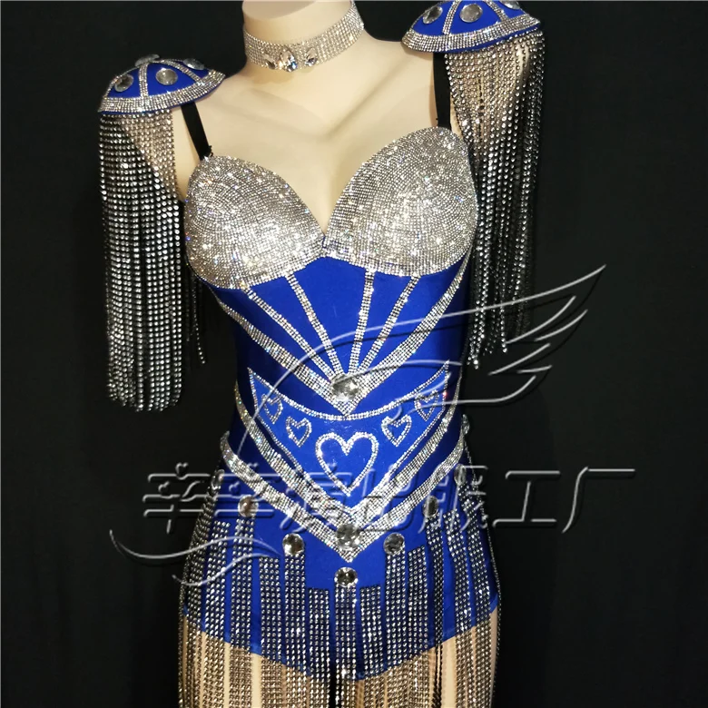 Women New Blue Tassel Sexy Rhinestone Outfit Epaulet Fringes Design Bodysuit Party Dj Female Singer Nightclub Bodysuit Costume