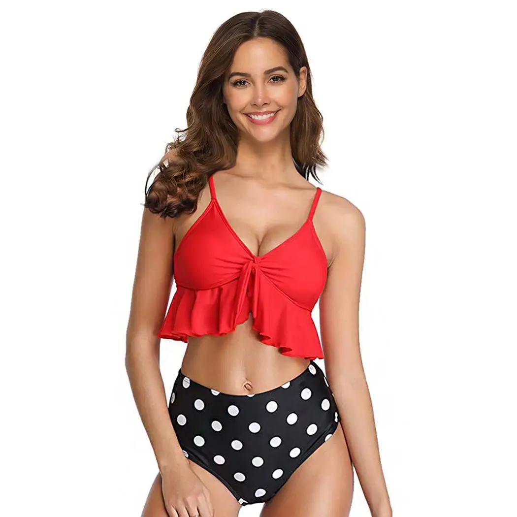

Women V-Neck Sleeveless Spaghetti Strap Ruffled Dot Swimming Pool, Beach Sexy Point Bikini Set Swimwear Briefs