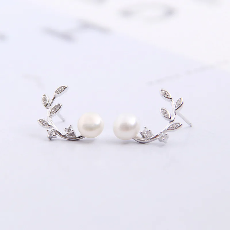 pearl leaf cz earrings 100% 925 Sterling silver Jewelry fashion Hypoallergenic Stud earrings for women girl gift