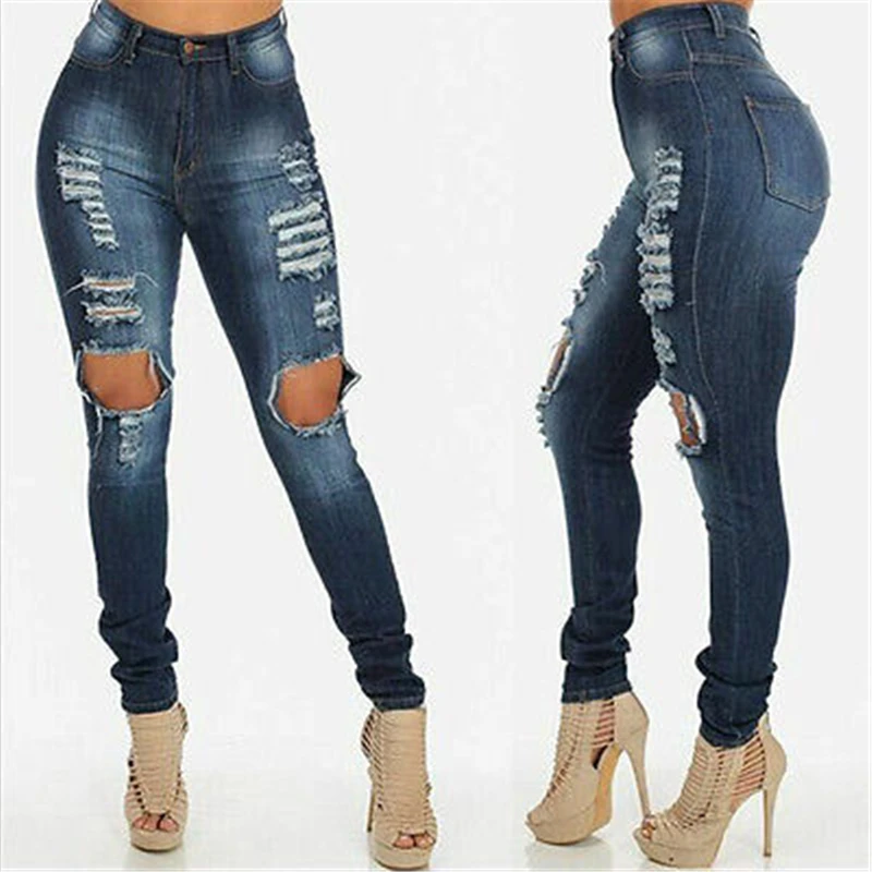 

Women Sexy Ripped Jeans Summer Big Holes Slim Pencil Solid Washed Demin Pants