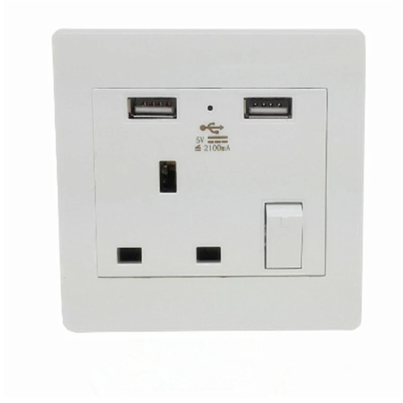 White 2 USB Wall Socket UK Plug Switch Power Supply Plate 2100mA
