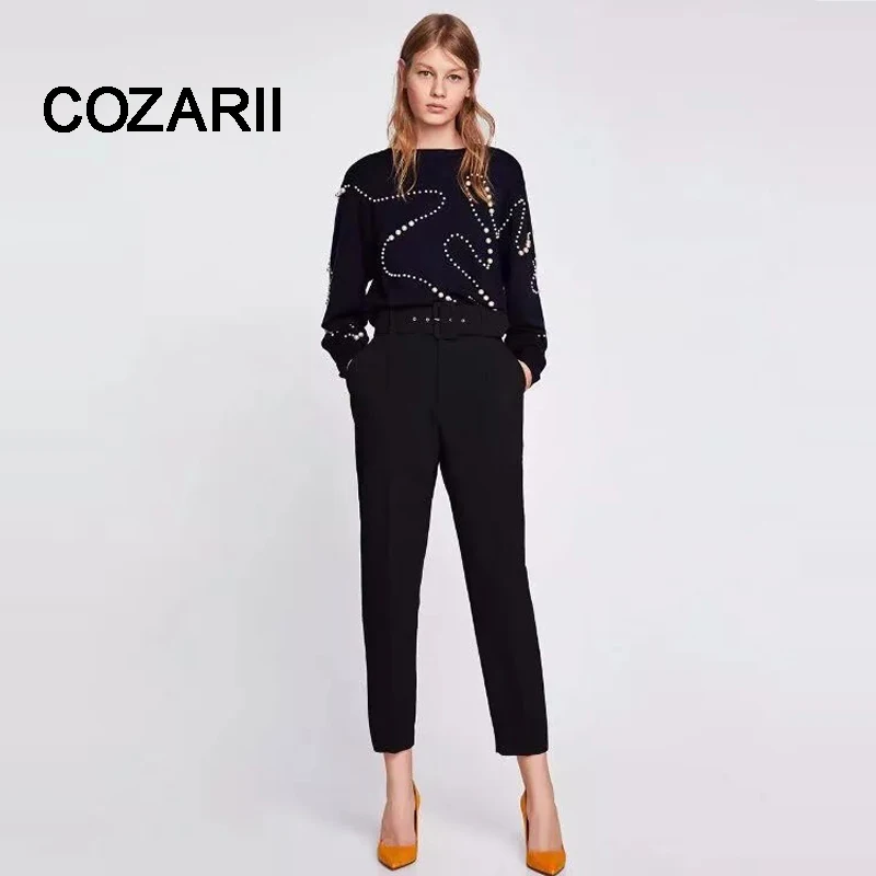 COZARII 2018 BTS women sweater england style panelled beading Pearls o-neck pullovers regular sweater women tops plus size