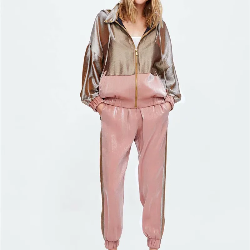 

Autumn Women Contrast Color Baseball Bomber Pilots Hooded Satin Jacket Long Sleeve Bright Linen Sports Jog Coat Outerwear Top