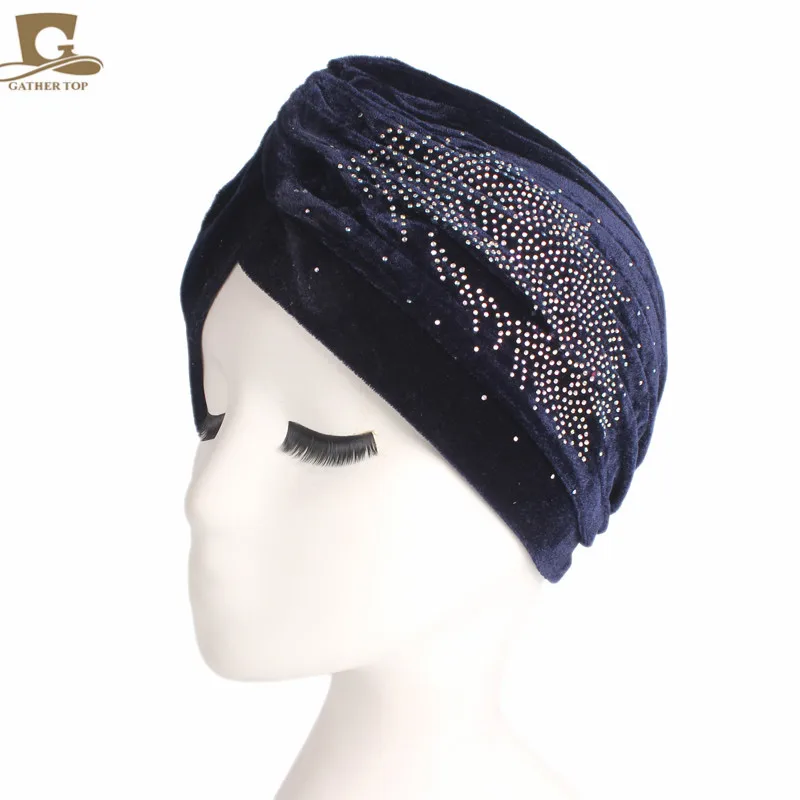 Модный женский роскошный бархатный тюрбан со стразами и рюшами, тюрбан для волос, шапка-тюрбан, Женский хиджаб, головной убор - Цвет: navy blue