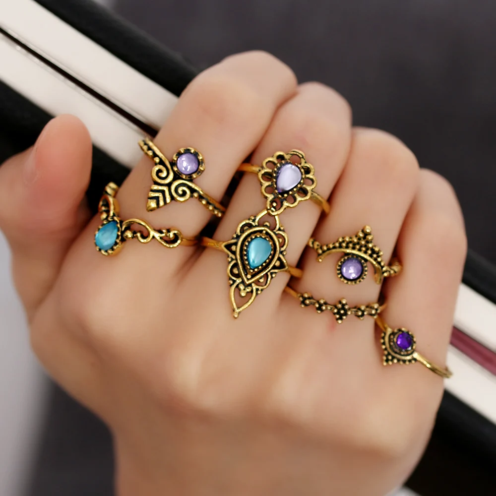 

7 Pcs/set Women Fashion Summer Beach Charm Nature Stone Hollow Water Drop Lotus Geometric Silver Ring Set Nice Gift
