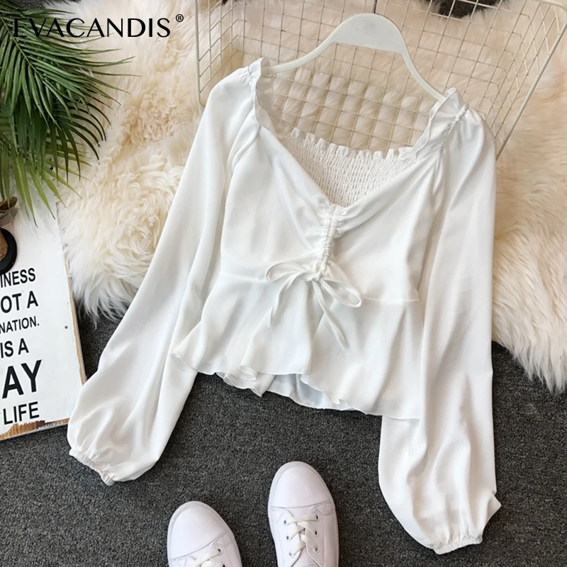 

White Crop Top Short Women Blouse Long Sleeve V Neck Sexy Korean Pink Pullover Women Top Female Beach Yellow Boho Ruffle Shirt