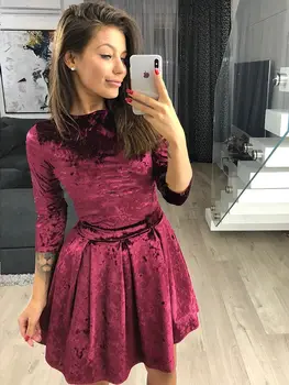

Womens Velvet Party Dress Vestido Cocktail Mini Dress Ladies Winter Long Sleeve Skater Fancy Mini Dresses