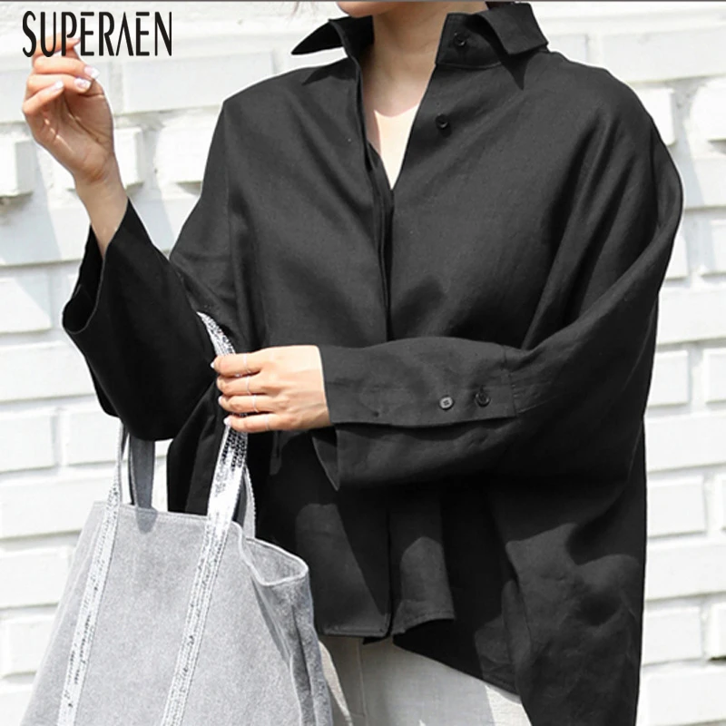 

SuperAen New Linen Loose Women's Blouses and Tops Fashion Casual Wild Ladies Shirt Bat-wing Sleeve Long Sleeve 2018 Autumn