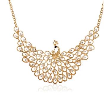 

Exaggerated Personality Rhinestone Peacock Necklace 2020 Fashion Women Gold Color Alloy Crystal Choker Big Statement Necklace