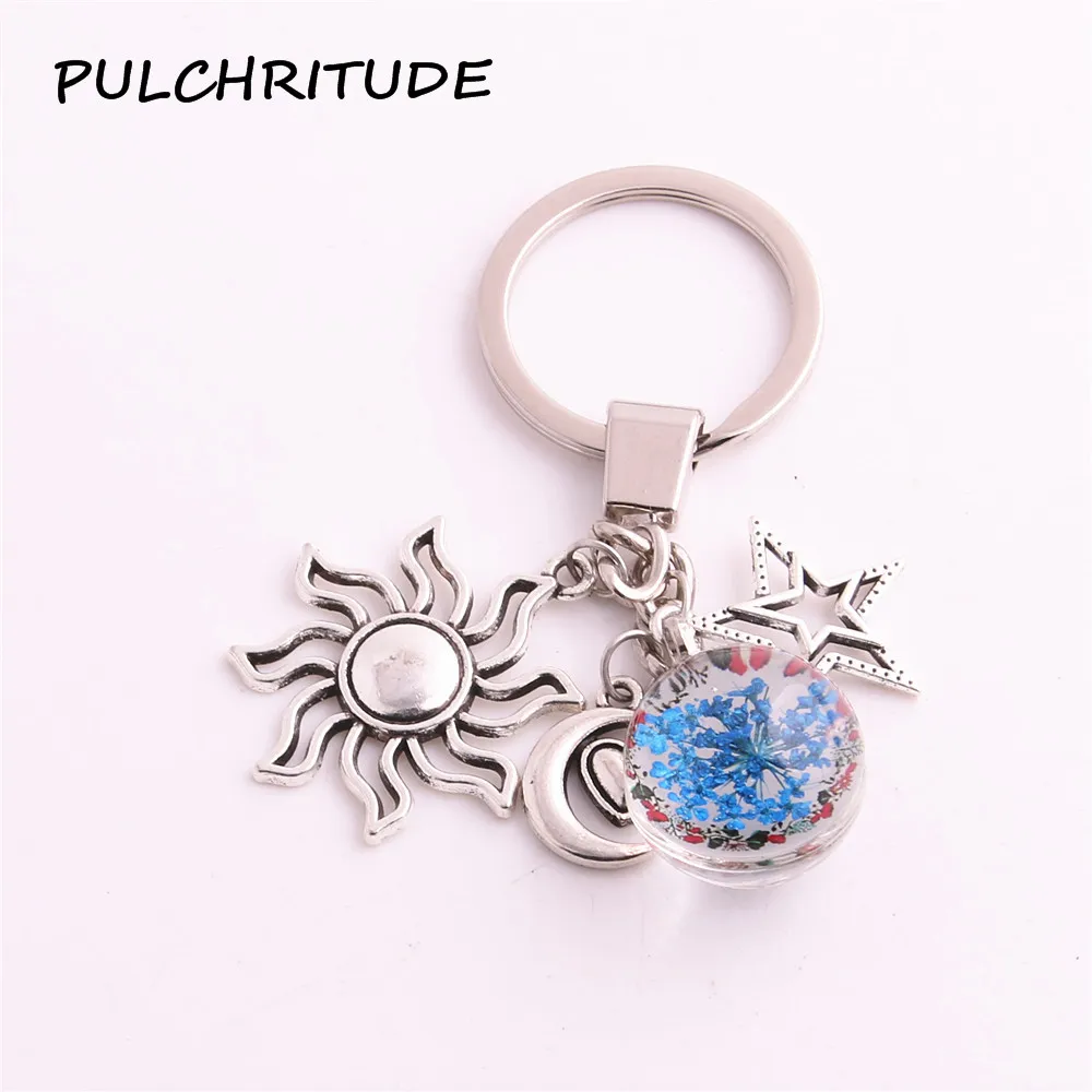 

PULCHRITUDE Metal Alloy Silver Key Ring 2pcs/lot Dried Flower Charm Key Chains Sun Charm Moon Star Pendant Diy Jewelry c1874