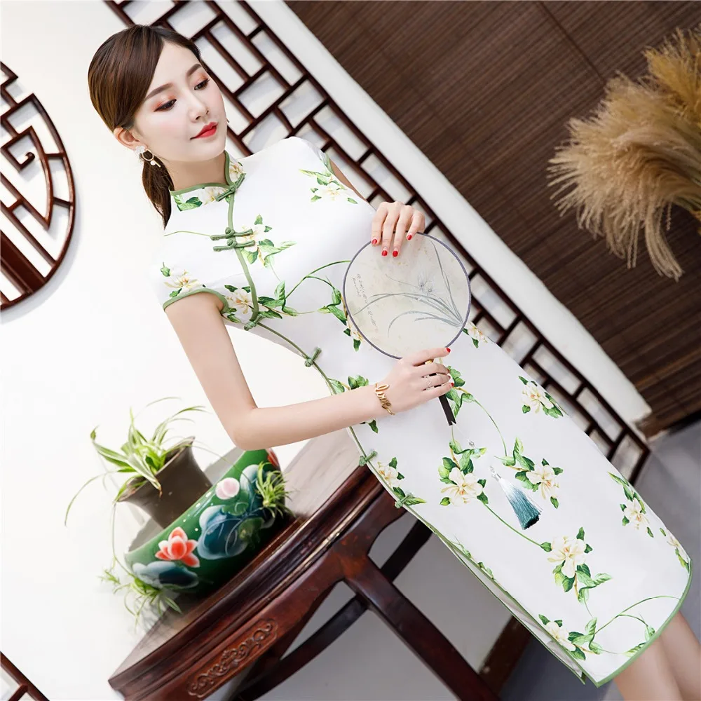 Шанхай история короткий рукав Qipao по колено китайское платье Весна Cheongsam кружево Qipao для женщин