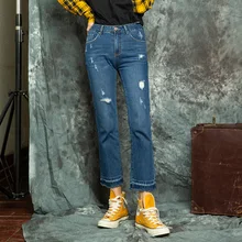 Короткие синие джинсы с дырками и кисточками; повседневные брюки прямого кроя с карманами; повседневные обычные модные дизайнерские брюки длиной 9