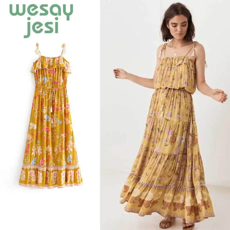 

2019 fashion Summer dress women maxi long yellow sexy Beach Dress Women Evening Party Dress Sundress